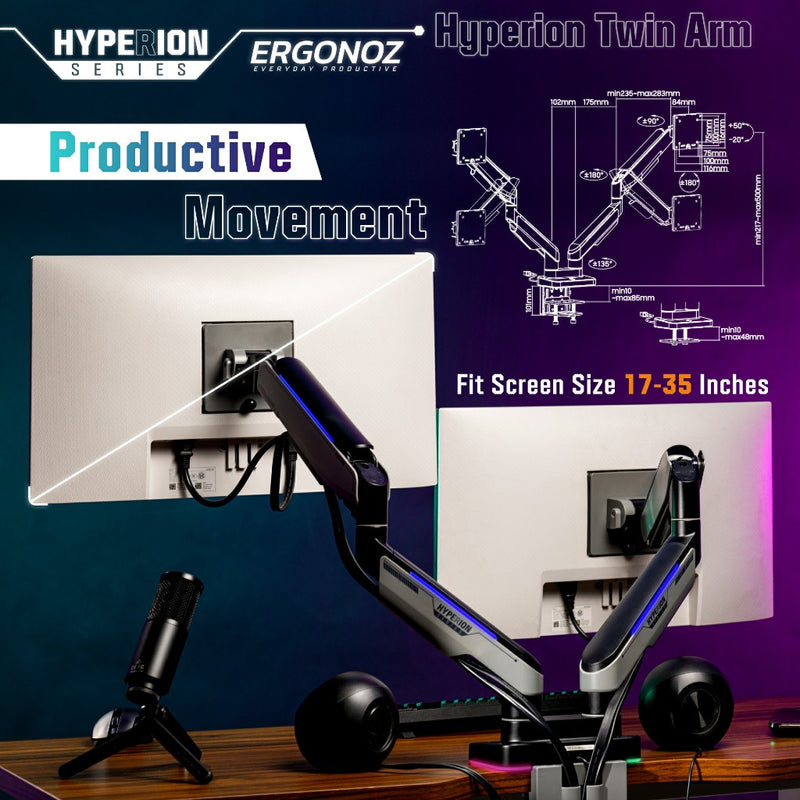 ERGONOZ Hyperion Heavy Duty RGB Monitor Arm แขนจับจอ ขาตั้งจอคอม ขาตั้งจอ ขาตั้งจอคอมพิวเตอร์ รุ่น HํYPERION จอ49นิ้วได้